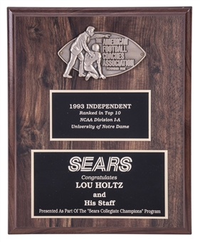 1993 The American Football Coaches Association Ranked In The Top 10 Congratulations Plaque Presented To Lou Holtz (Holtz LOA)